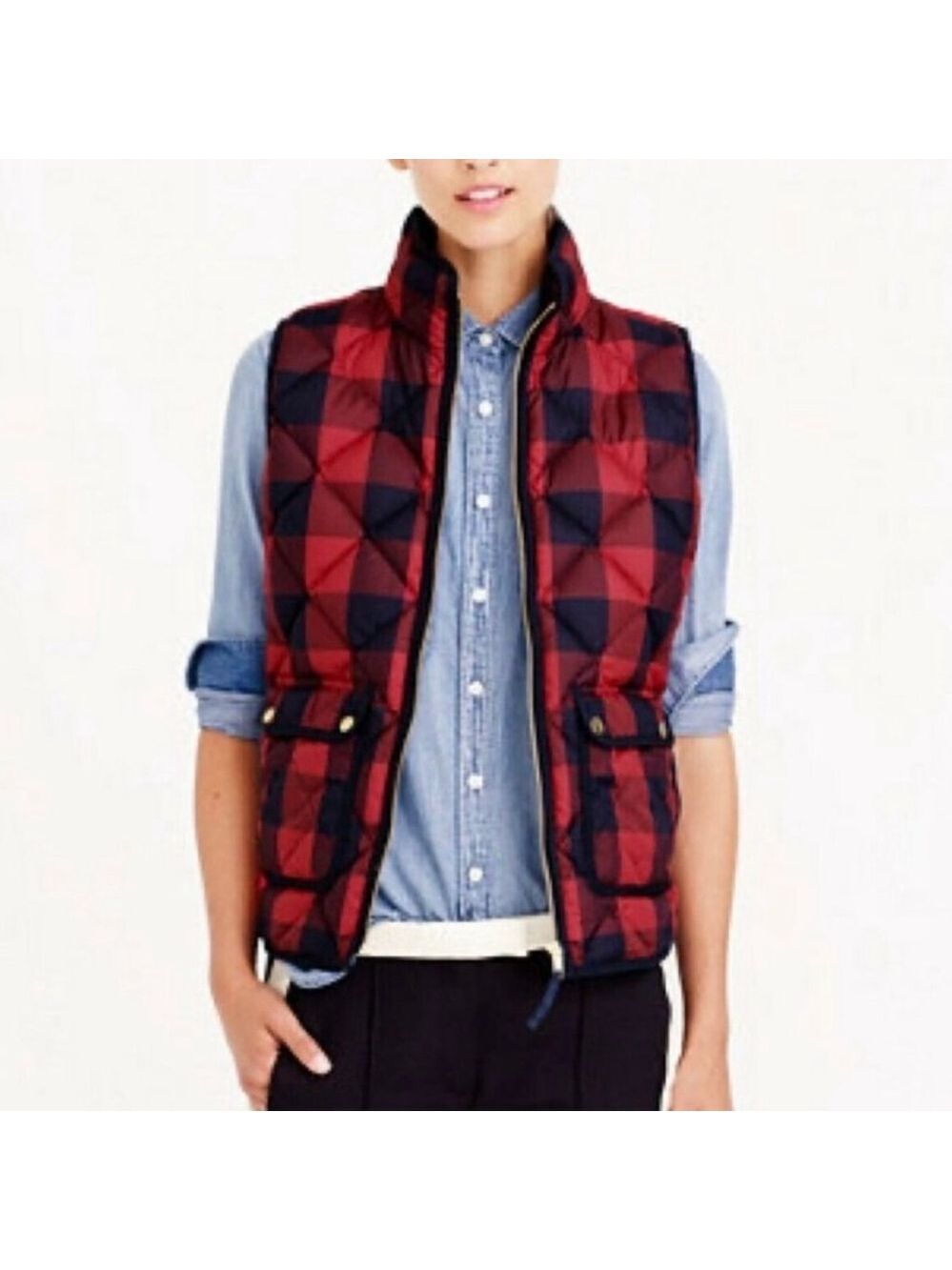J.Crew Quilted Excursion Vest Buffalo Check Plaid Red Navy Down Puffer Sz PM